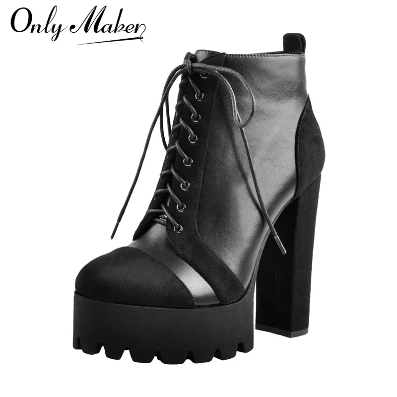 

Onlymaker Women Platform Ankle boots Heels Lace-up Flock Thick High Heel Plus Size Booties
