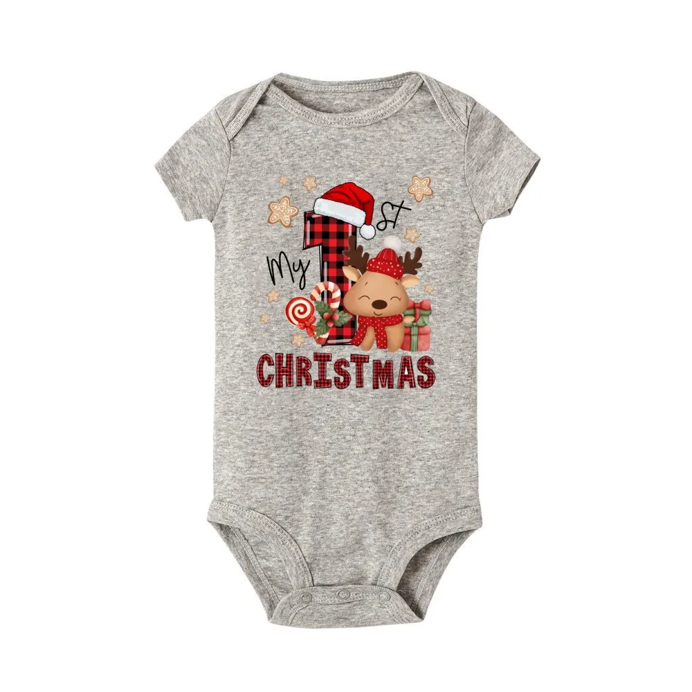 My First Christmas&deer Print Baby Romper Casual Short Sleeve Infant Bodysuit Round Neck Fashion Newborn Jumpsuit Christmas Gift