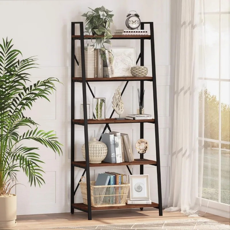 Ladder Shelf Bookcase, 5-Tier Industrial Ladder Bookshelf, Tall Living Room Shelves, Wood and Metal Leaning Shelf for Home