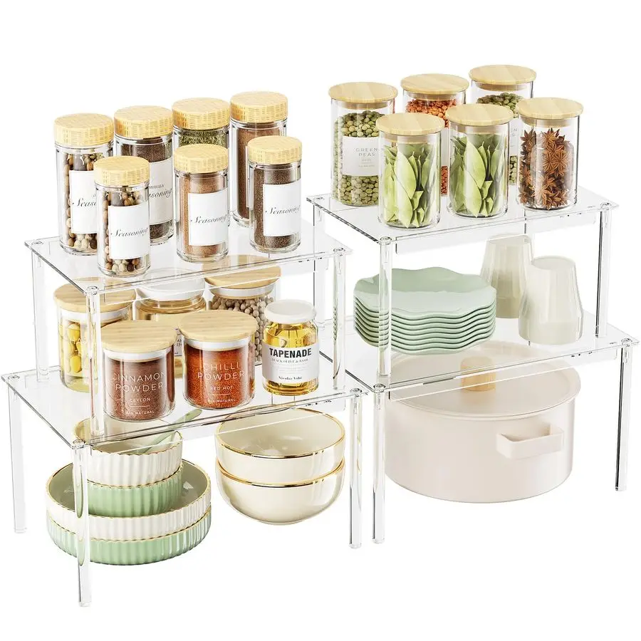 

Прозрачный органайзер для кухонного шкафа, набор из 4 акриловых полков-органайзеров для кухонной кладовой и хранения, штабелируемый шкаф