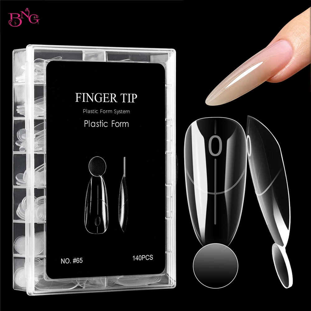 BNG 140Pcs Reusable Dual Nail Forms Almond Oval Shape Clear F1 Nail Molds Plastic Nail Extension Molds for Builder Gel Nail Art