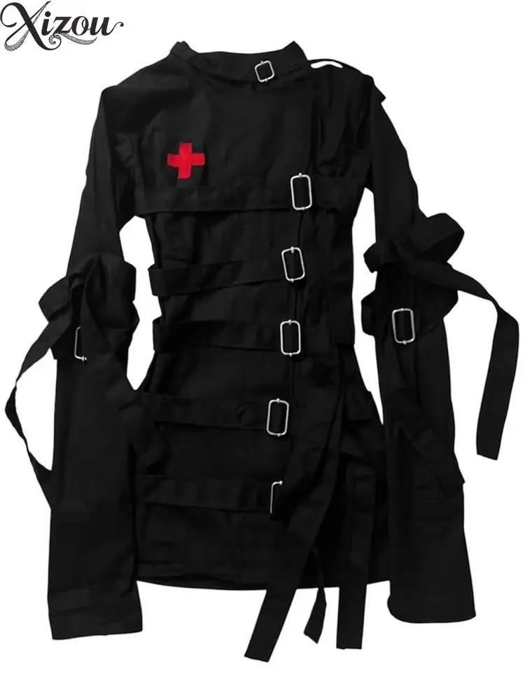 Y2K Gothic Moto Black Strap Jacket Red Cross Embroidery Metal Buckle Bandage Design Japanese Alt Vintage Outerwear Autumn 2026