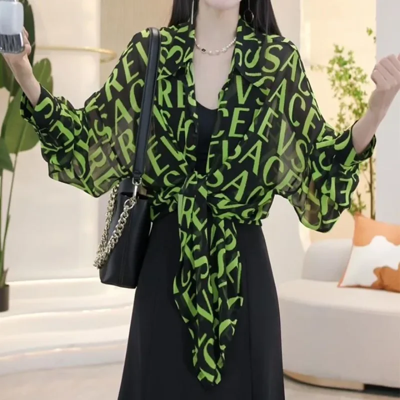 

Trendy Womens Tops Lapel Summer New Loose Long Sleeve Blouses Letter Striped Button Cardigan Bandage Korean Sun Protection Shirt