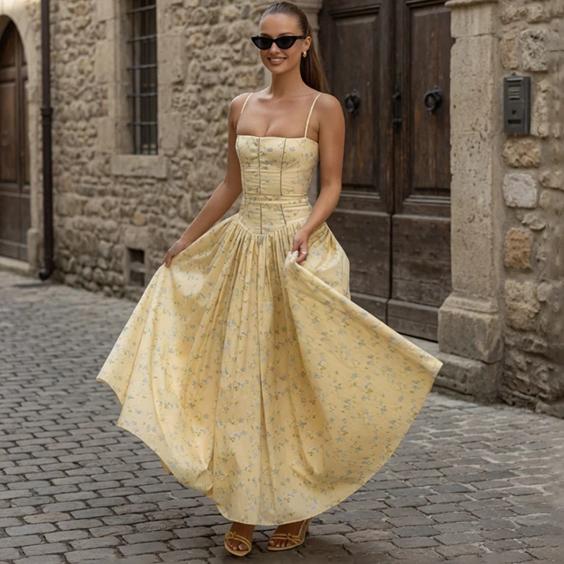 

TARUXY Stylish Prints Straps Dress Women Elegant Slim Sleeveless Floral-Print Long Dress Female 2026 Summer Banquets Puffy Dress