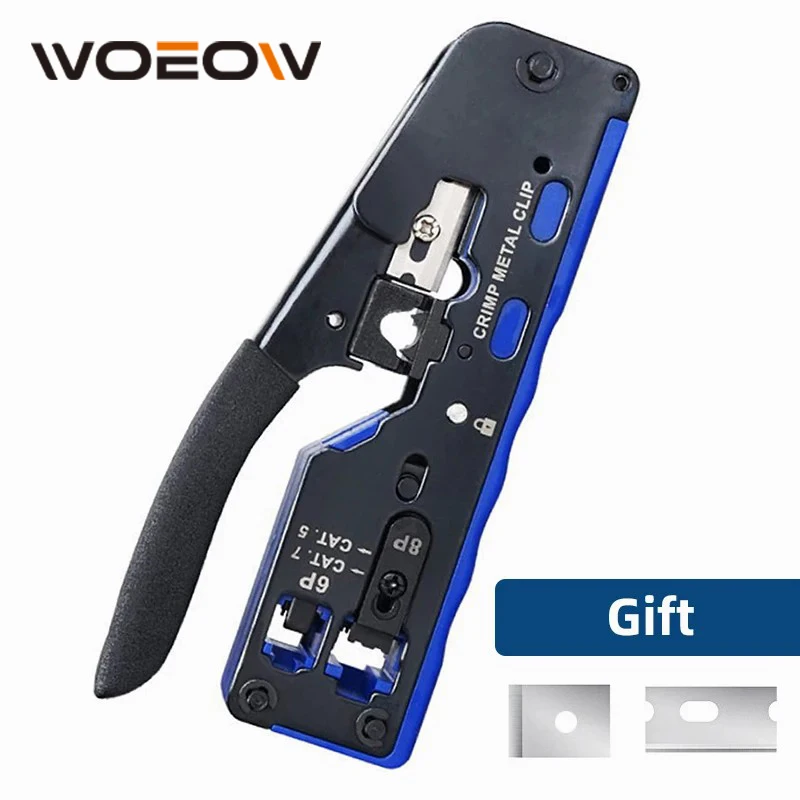 

WoeoW RJ45 Crimping Tool Pass Through, CAT7 CAT6 CAT5 Pass Thru Ethernet Crimper for RJ45 RJ12 RJ11 Modular Plugs