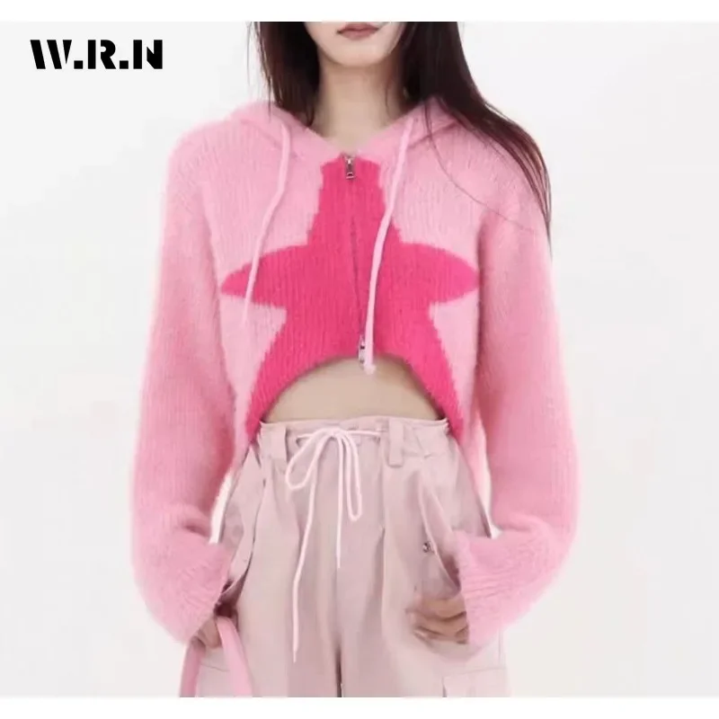 2023 Winter Hotsweet Contrast Color Knitting Long Sleeve Cardigans Women Casual Hooded Zipper Ladies Sexy Short Sweater Top