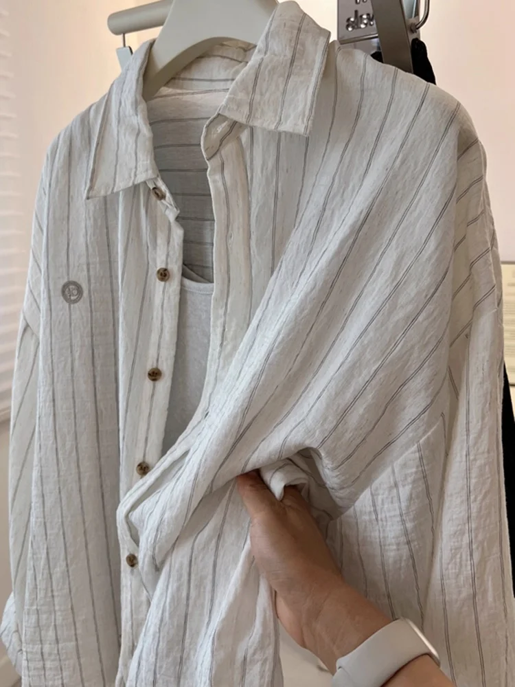 قميص نسائي صيفي فضفاض بأكمام طويلة للحماية من الشمس، ملابس خارجية عصرية، قميص بياقة بولو مخطط مع تفاصيل أزرار، مقاس عادي #5