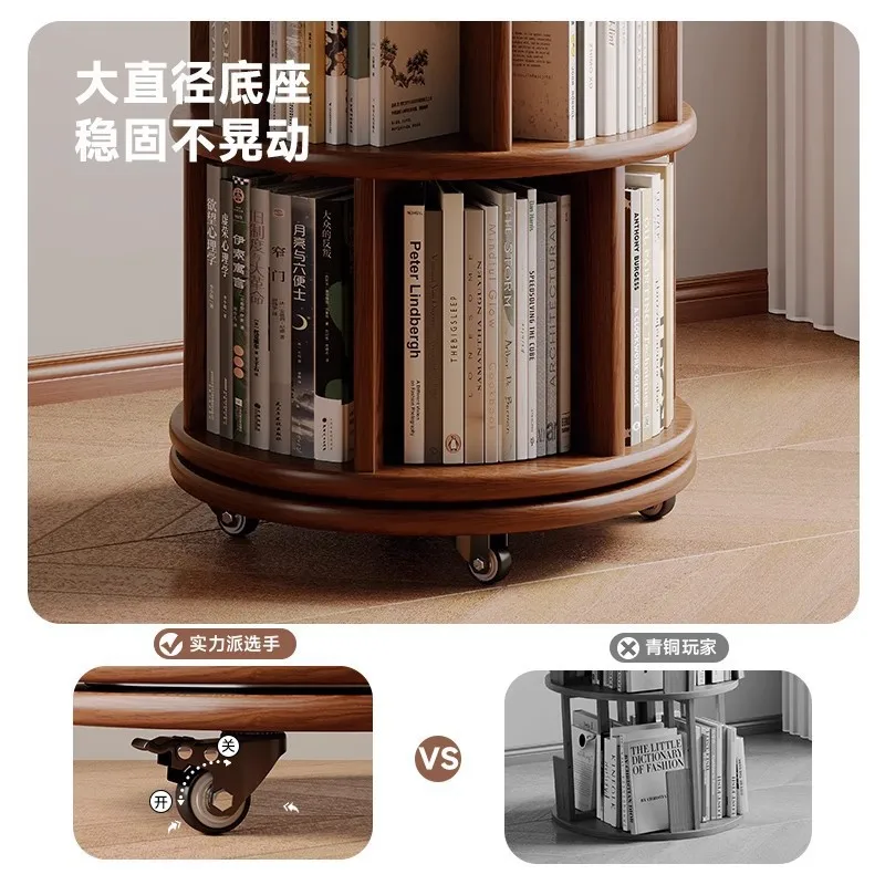 Toda a estante giratória de madeira maciça estante de 360 graus integrada contra a parede móvel casa sala de estar canto do chão