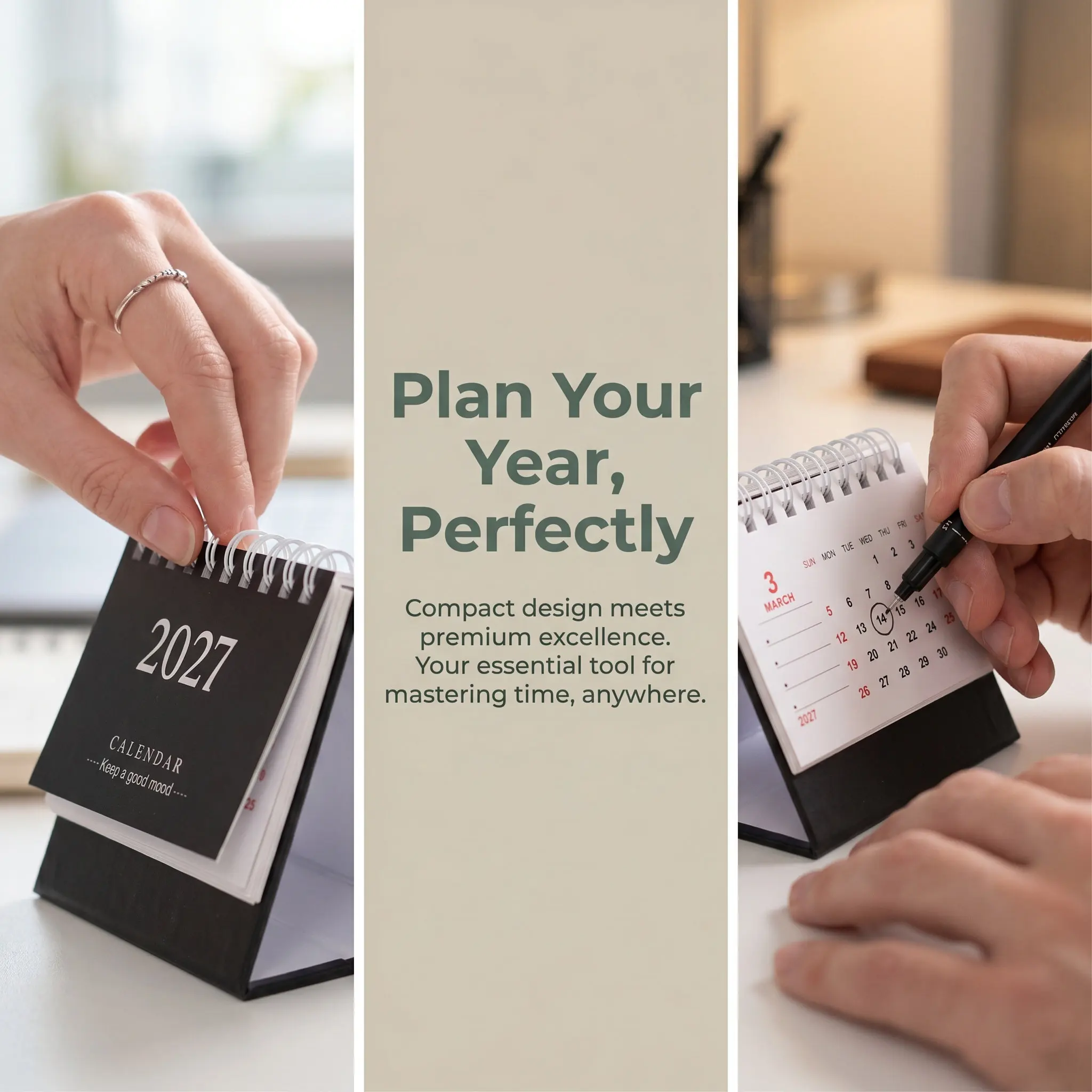 Mini Desktop Calendar 2027 Small Daily Standing Flip Calendar Twin Wire Binding Black Office School Desktop Calendars Supplies