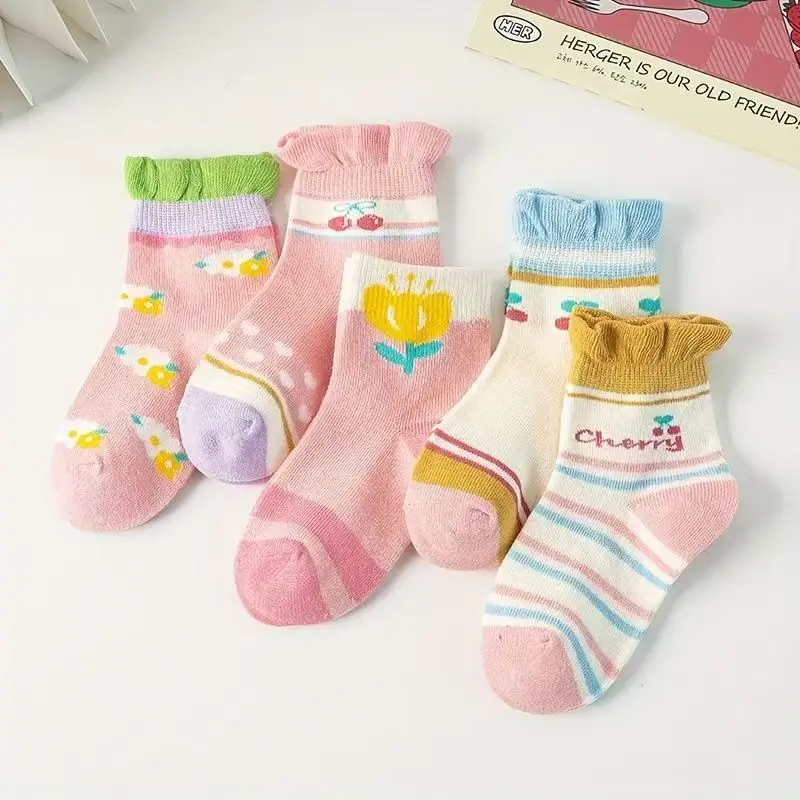 5/10 Pares de Meias Infantis com Estampa de Unicórnio Fofo para Meninas, Meias de Cano Médio com Laço para Crianças, Meias de Algodão Macio para Primavera e Outono
