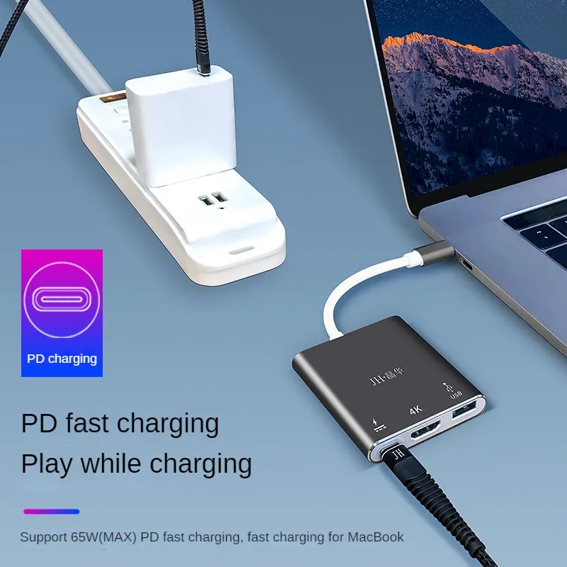 Type-C Hub 3-in-1, USB-C to HDMI 4K + USB 3.0 + PD 65W Charging Adapter for MacBook, Huawei, Samsung