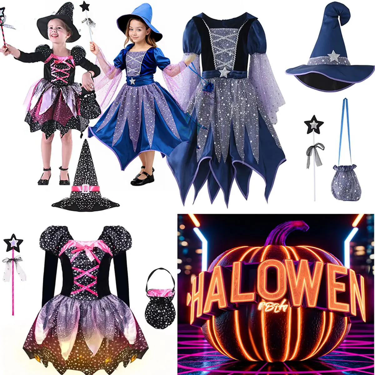 

2025 Girl Cosplay Halloween Easter Party Classic Witch Blue and Pink Long Sleeve Cute Princess Dress + Accessories SET