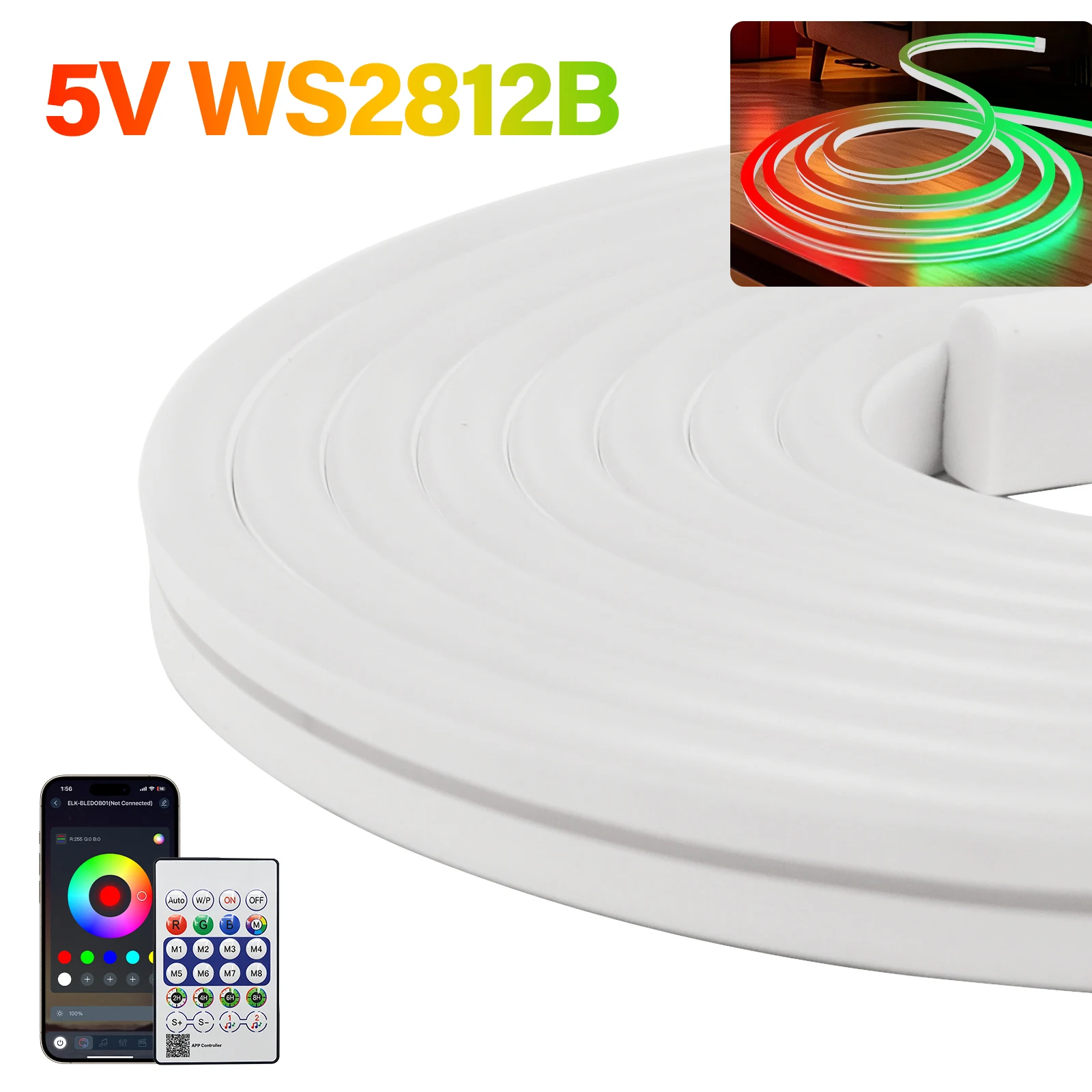 5M/Roll RGBIC Neon Light Strip DC5V USB IP67 Waterproof Flexible Tube with 24Key Kit Dream Color Neon Tape for Party Room Decor