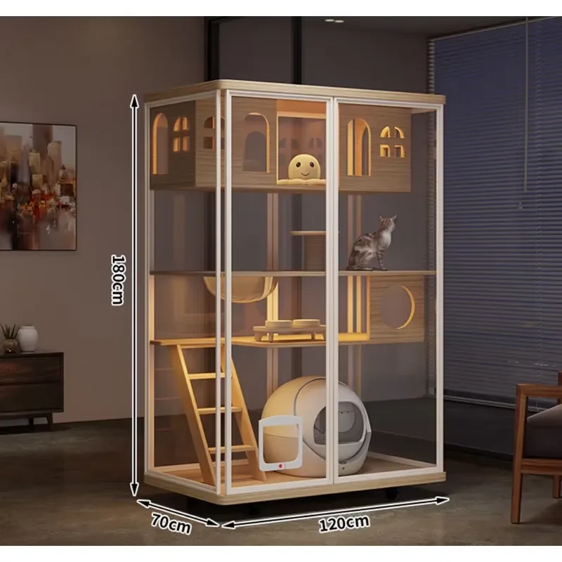 Solid Wood Modern Cat Villa Pet House Extra-Large Indoor Panoramic Glass Multifunctional Integrated Toilet