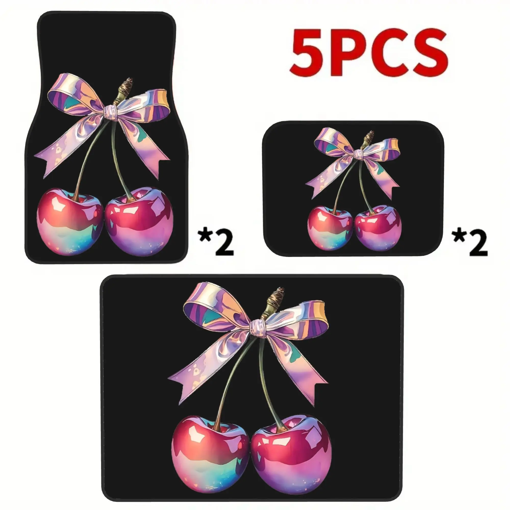 2D Flat Printing 5pcs Holographic Bow Cherries Printed Car Mats Set (4 Floor Mats And 1 Trunk Mat), Made Of Durable Polyester Fa