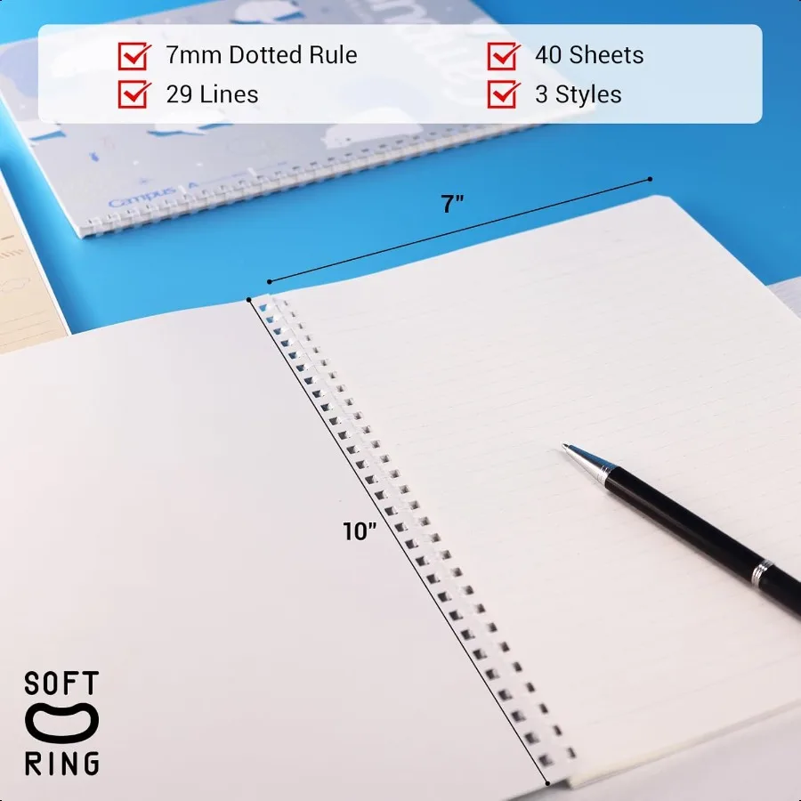 Caderno espiral diário 3 pacote campus b5 caderno de anel macio com pontilhado uma régua de 7mm 40 folhas animal bonito 1 assunto caderno em