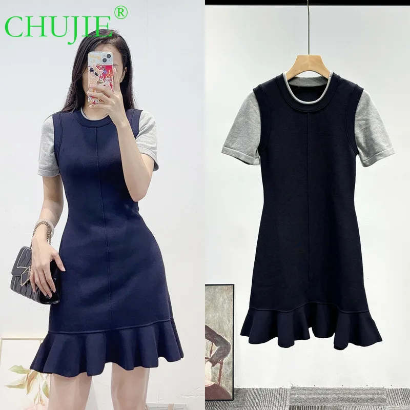 

CHUJIE 2025 Autumn New Arrival: Simple Black And Gray Fake Two-piece Stylish Slim-fitting Round Neck Short-sleeve Ruffled Dress