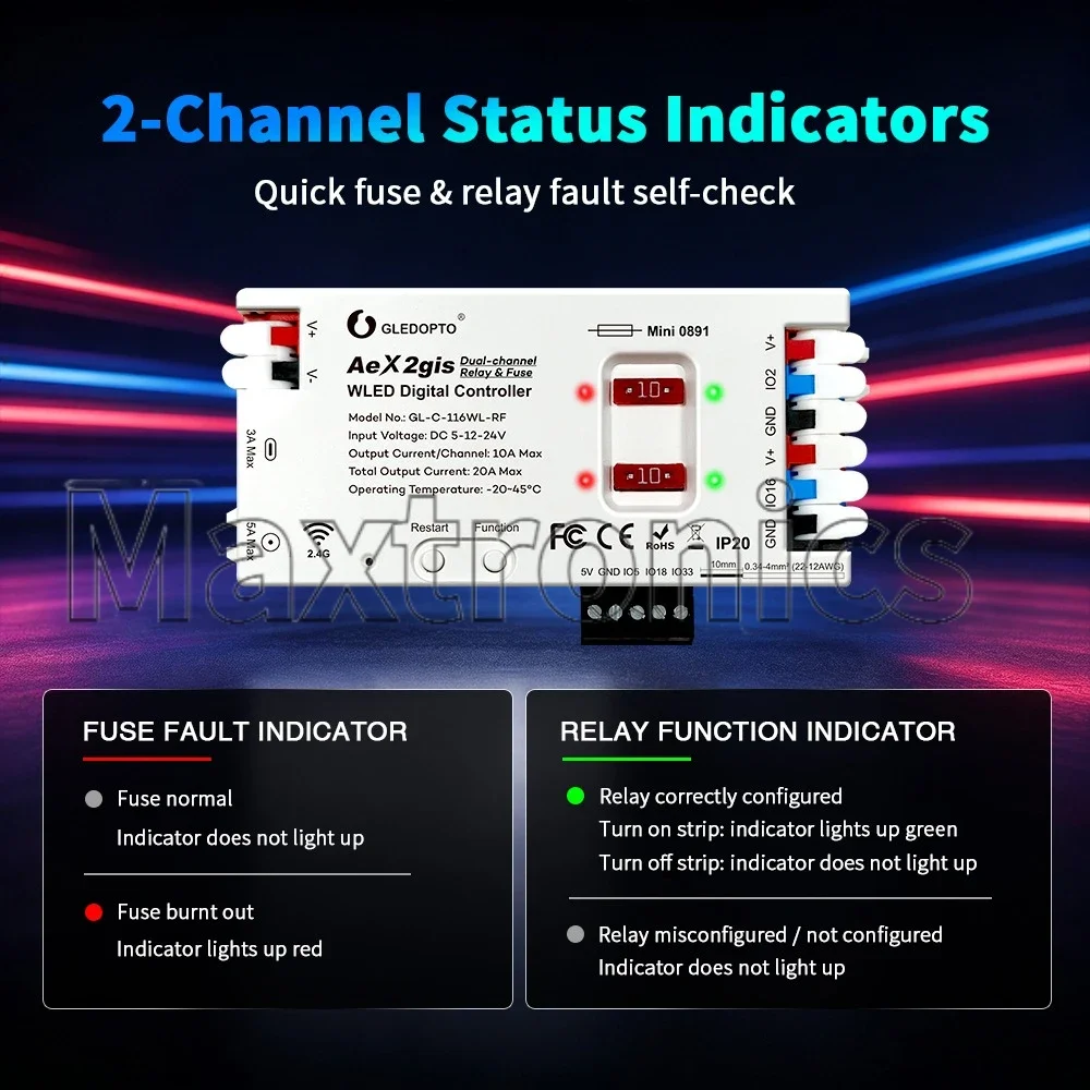 116WL AeX2gis Dual-Channel WLED Digital LED Controller Dual 10AFuse & Relay Protection for LED GL-C-116WL-RF WIFI&2.4G RF Remote