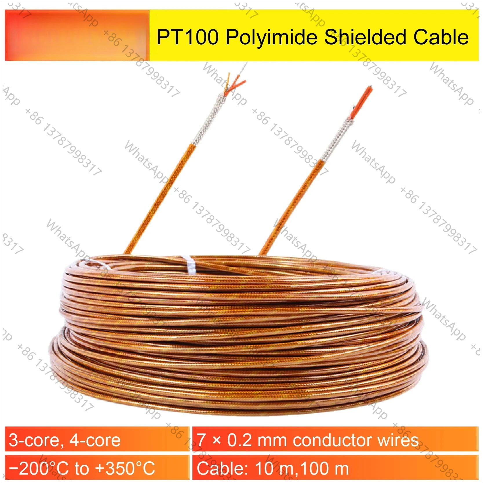 Polyimide insulated PT100 extension cable high‑temp RTD compensation wire 3‑core shielded cable ‑200‑350 °C waterproof