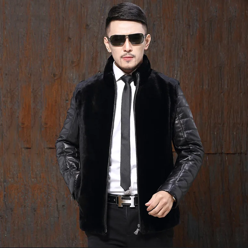 

Stand Collar Zipper Slim Leather Jacket Men Winter Warm Thick Faux Fur Coat Business Brand High Quality Windproof Windbreaker