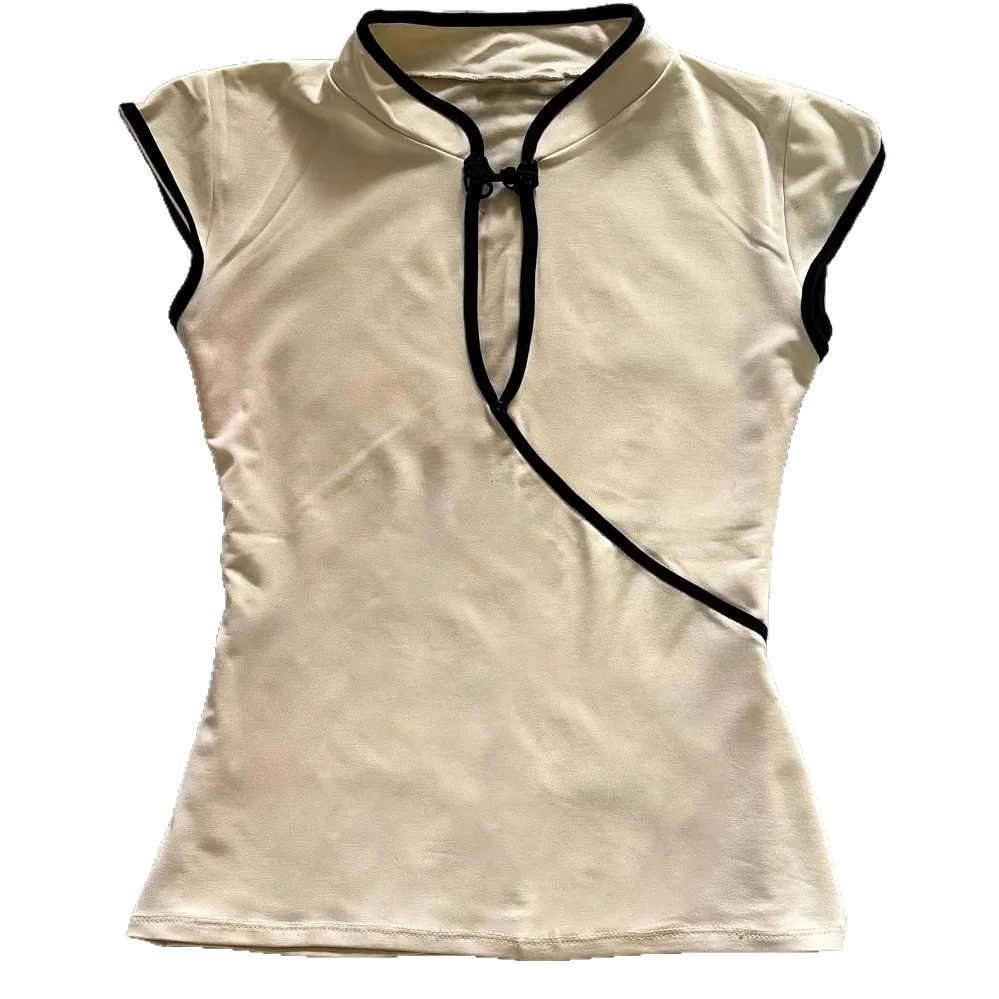 Damen-Bluse im chinesischen Stil, beige, Cheongsam-Bluse, Vintage-Stil, Stehkragen, kurze Ärmel, bauchfreies Oberteil mit asymmetrischem Froschknopf und Schlüsselloch – Detail 3