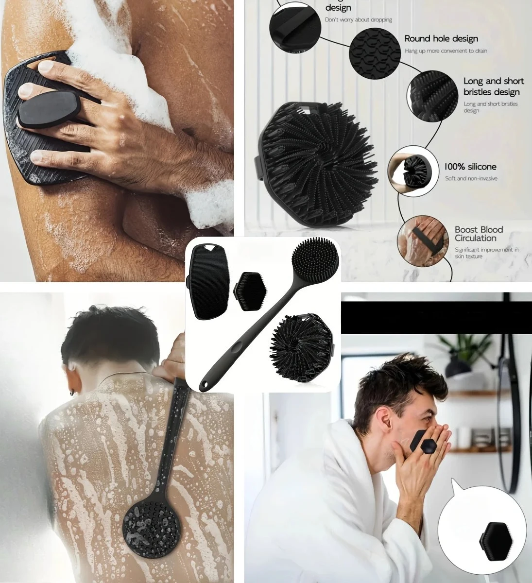 

Набор из 3-х щеток для ванны: мягкие силиконовые щетки с нескользящей ручкой, легко моются и смываются, идеально подходят для использования в ванной.