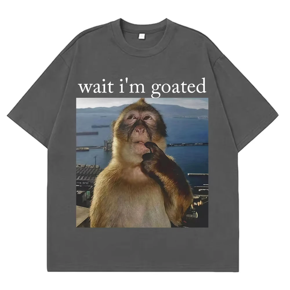 انتظر أنا الماعز مضحك التفكير القرد ميمي تي شيرت الصيف القطن الرجال النساء Harajuk تي شيرت قصيرة الأكمام المتضخم رجل تي شيرت