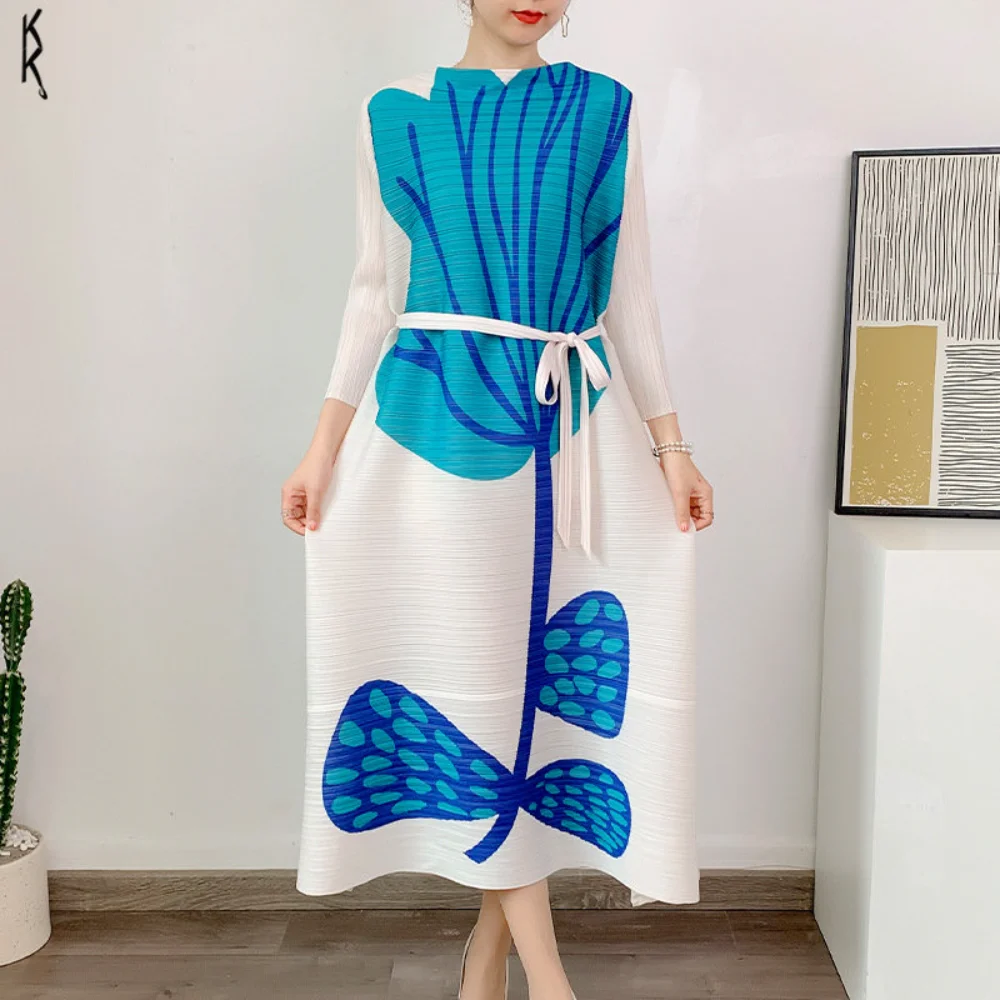 

Formal Occasions Miyake Pleated Print Dress 2024 Summer New Loose Elegant A-line Dresses Fashion Women Costume Luxury Design