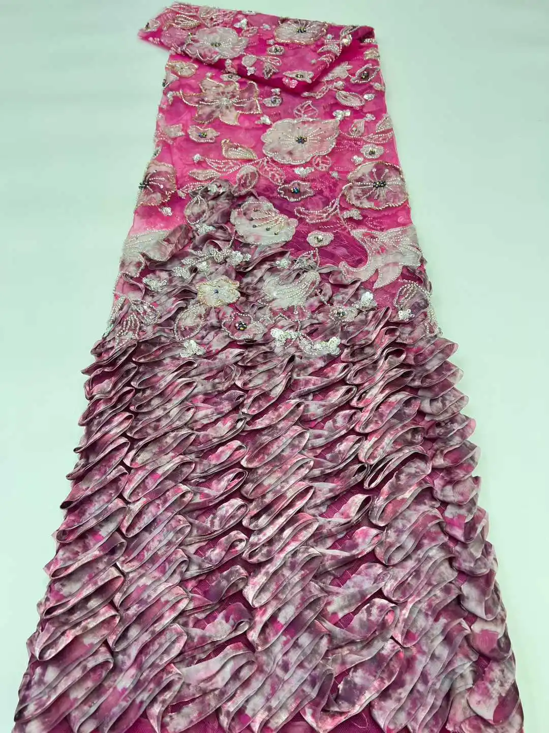 African Luxury Beaded Tulle Lace Fabric 2025 Nigerian Handmade Sequins Lace Fabric Fro Bridal Wedding Dress Party Sewing