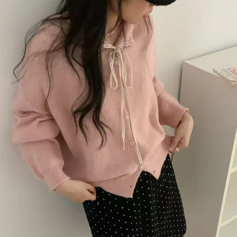 سترة صوفية بياقة مقلوبة من الدانتيل للنساء للخريف معاطف سترة غير رسمية بأزرار للنساء فضفاضة بأكمام طويلة ملابس خارجية دافئة للسيدات