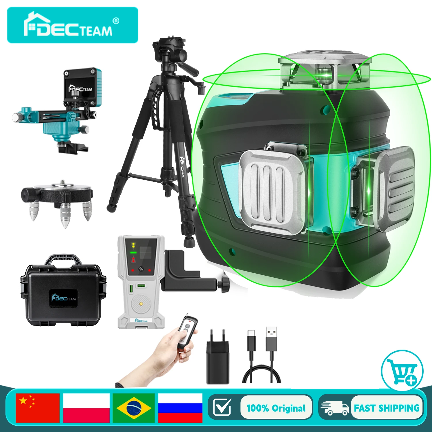Decteam DJ03CGA+DLR-8RG+DT14A 3D Green Laser Level Sharp Self-leveling Cross Line,Laser Receiver,Tripod,Remote Control,Hard Case
