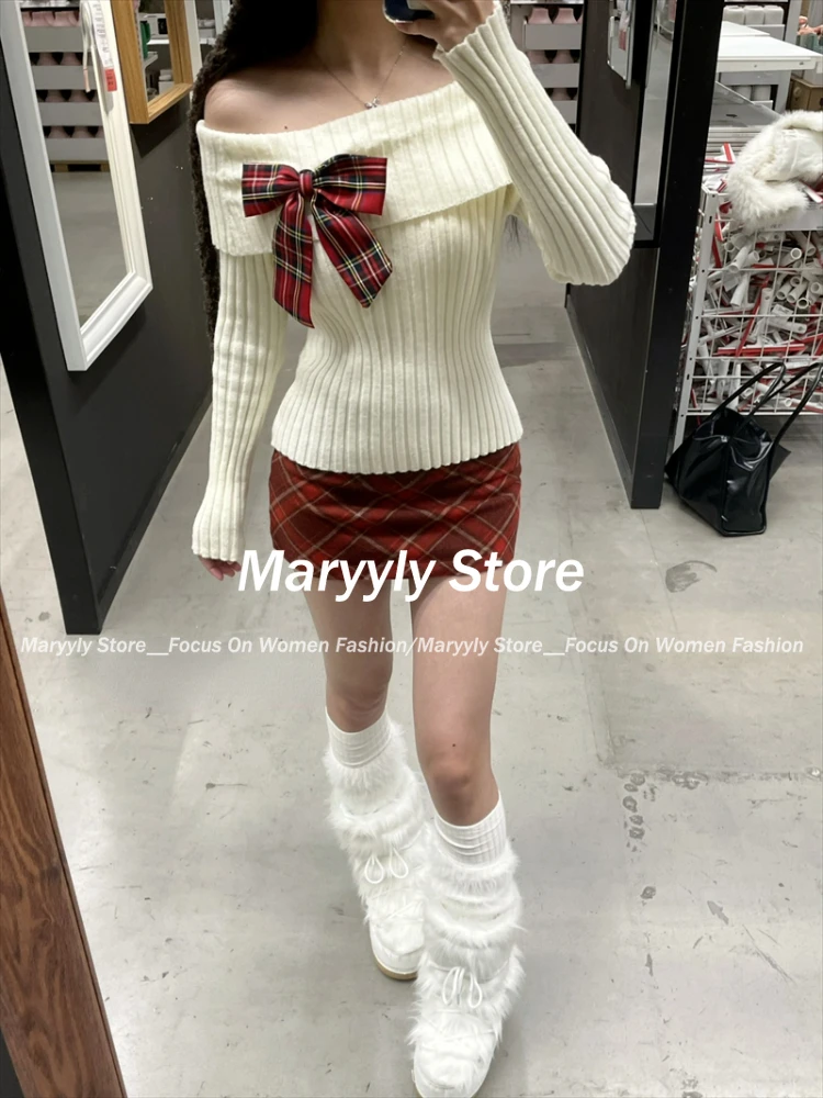 Korean Sweet New 2 Piece Set Women Y2k Bow Slash Neck Knitted Sweater + Vintage Plaid Mini Skirt Autumn Elegant  Fashion Outfits