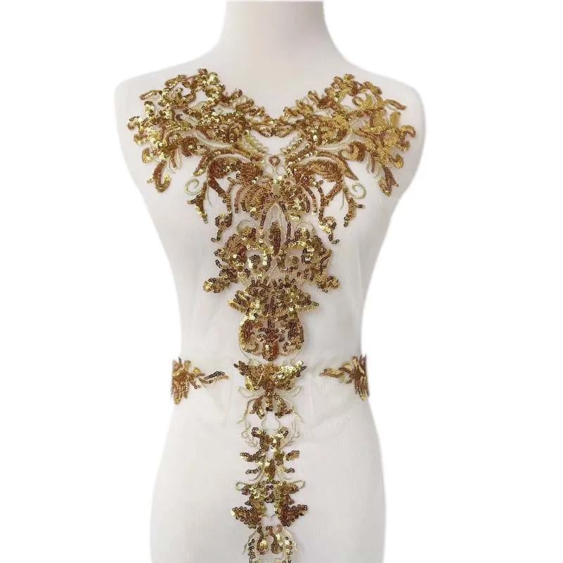 3-teiliges Set, Goldene Pailletten-Blumen-Stickerei-Spitzenapplikation zum Aufnähen, Exquisite Verzierung, Nähzubehör für Hochzeitskleider, Mieder – Detail 4