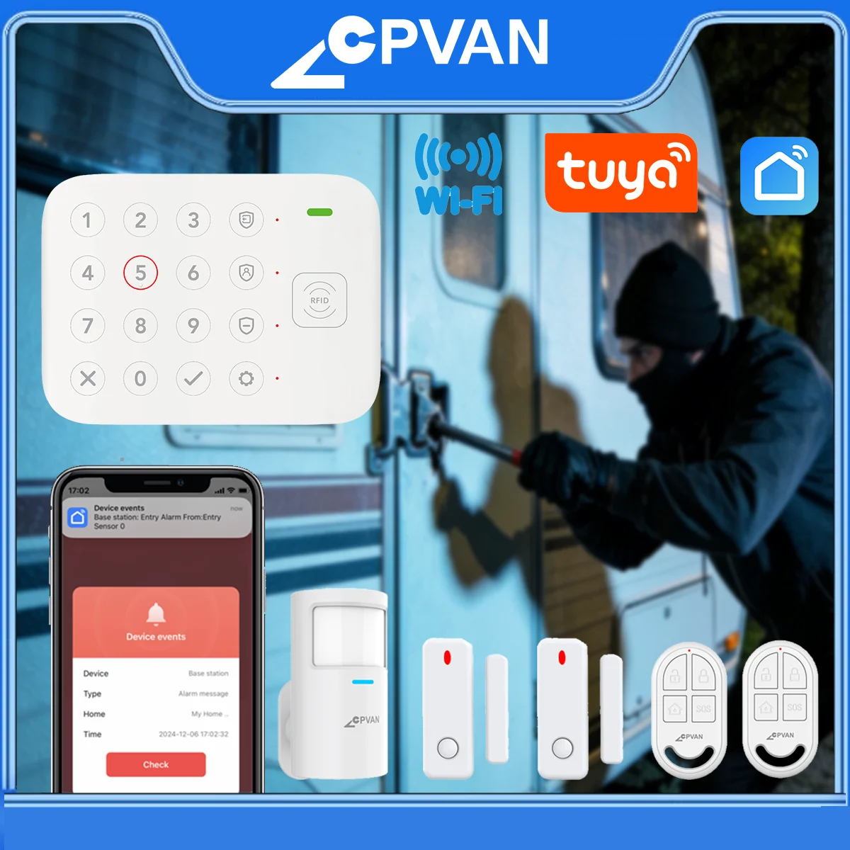 

CPVAN RV Alarm Smart Security Panel Home Alarm System WIFI 4G Kaypad Alarm Kit buil-in siren Support Tuya/Smart Life control
