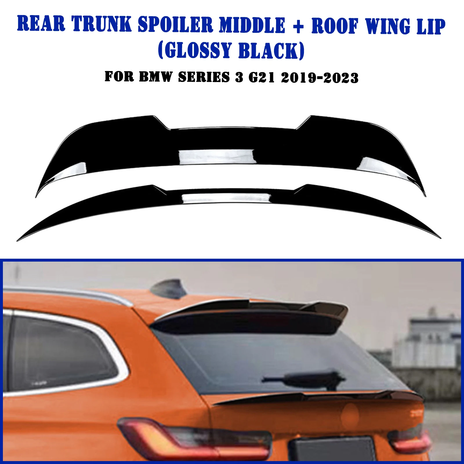 For BMW 3 Series G21 2019-2023 Wagon Touring Rear Trunk Roof+Center Spoiler Wing Carbon Fiber Look/Gloss Black Tail Splitter Lip