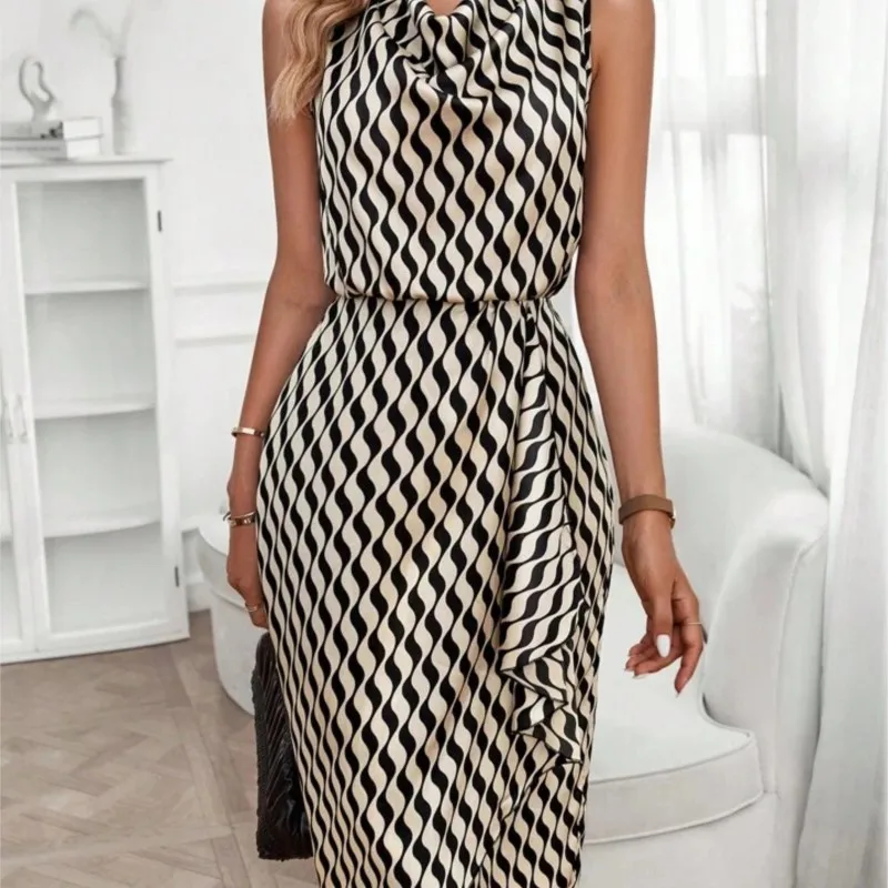 

Summer Fashion Pleated Front Collar Print Asymmetrical Hem Dresses Casual Striped Print Elegant Waist Cinching Dress For Women
