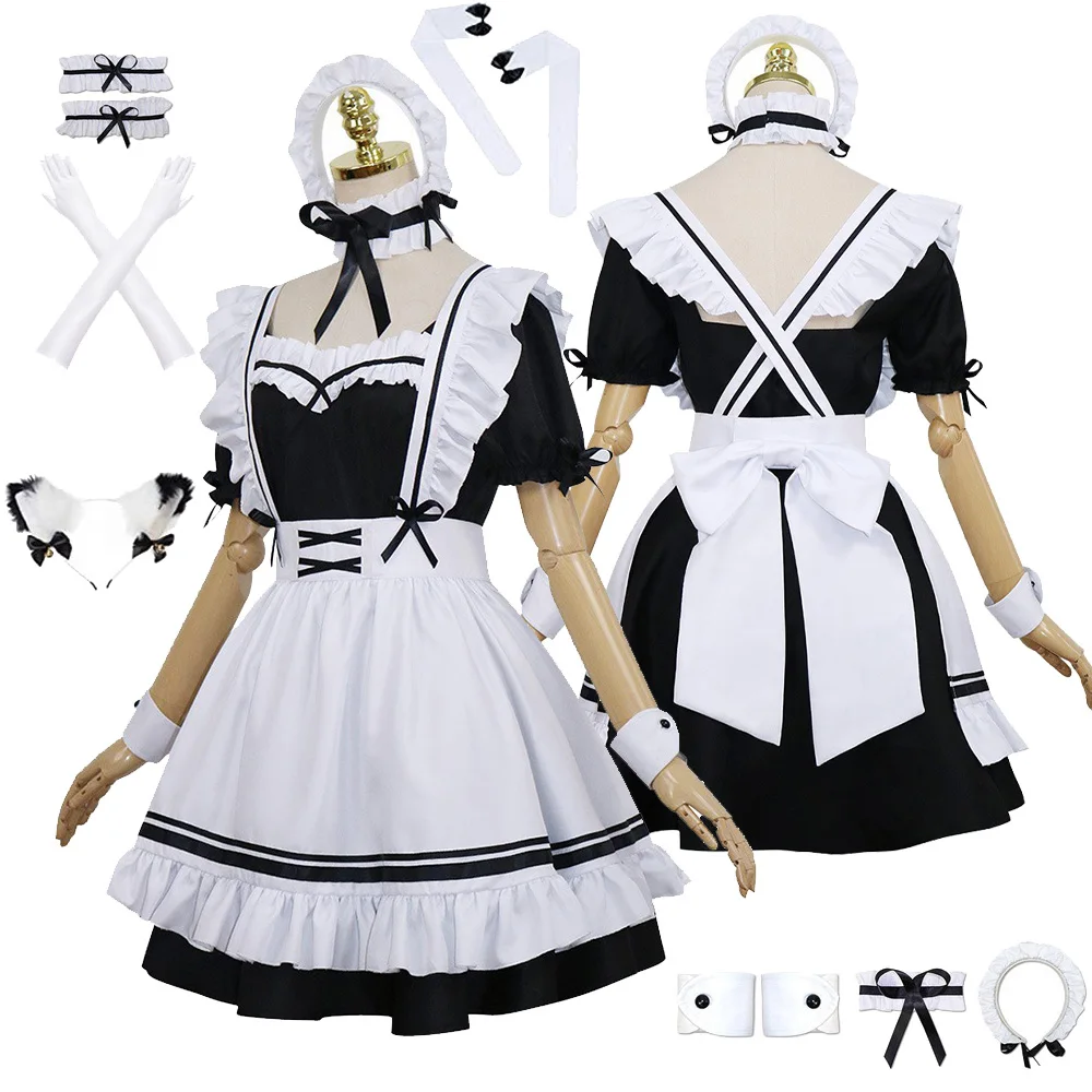 Robe de femme de chambre Lolita pour femme, costume cosplay, vêtements de sauna, gants, tenues pour adultes, Halloween, carnaval, fête trempée