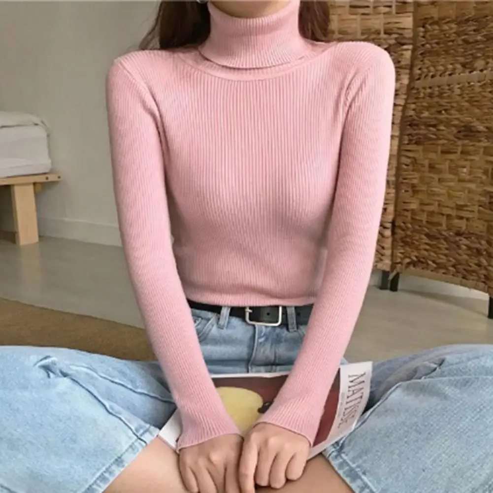 Turtleneck Long Sleeves Ribbed Women Sweater Jumper Winter Slim Fit Warm Pullover Sweater Daily Clothing Bottoming Shirt