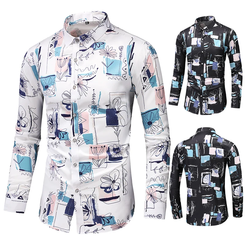 

New autumn men's teenagers printed large size flower long-sleeved shirt