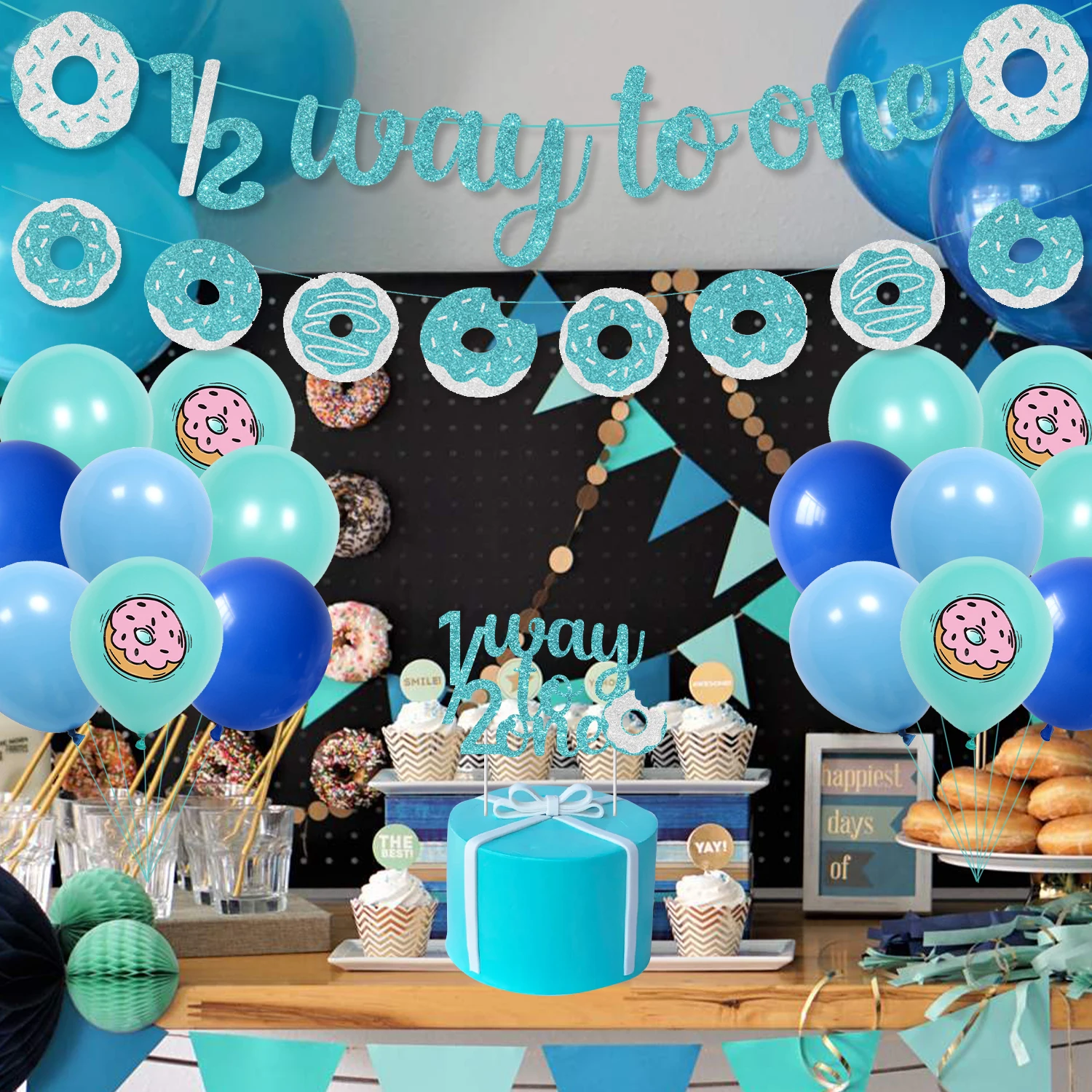 Donut Theme Half Birthday Party Decorations Blue 1/2 Way To One Banner Cake Topper Donut Balloon Set for 6 Months Boys and Girls