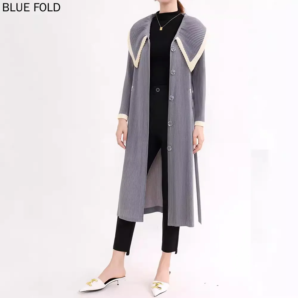 MIYAKE Women's Trench Coat Spring and Autumn High-end Fashion Navy Collar Single-breasted Mid-length Lace-up Outer Wear Cape