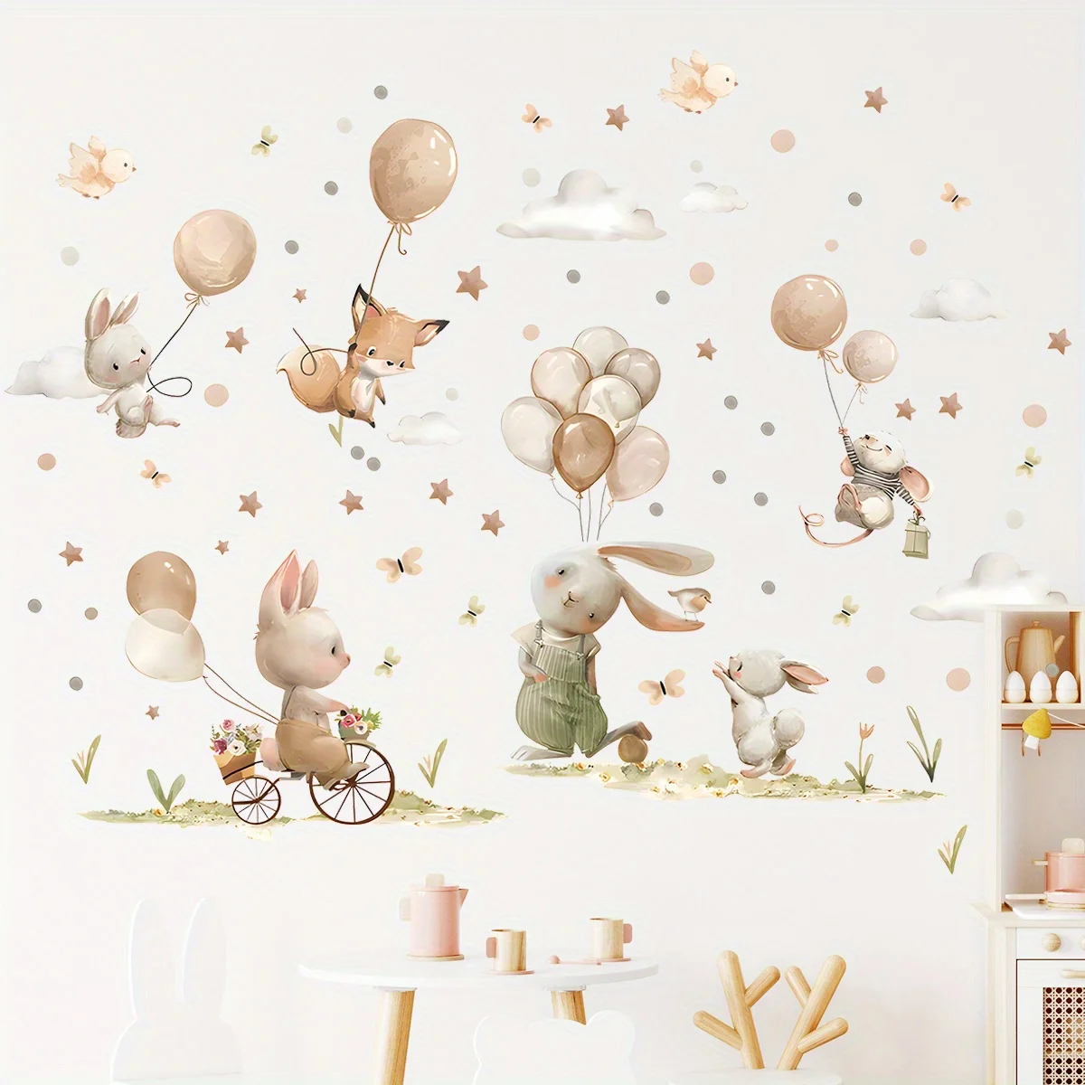 2pcs Cartoon Rabbit Fox Balloon Wall Stickers for Children Room Kids Room Decor Bedroom Living Room Decoration Wall Decals