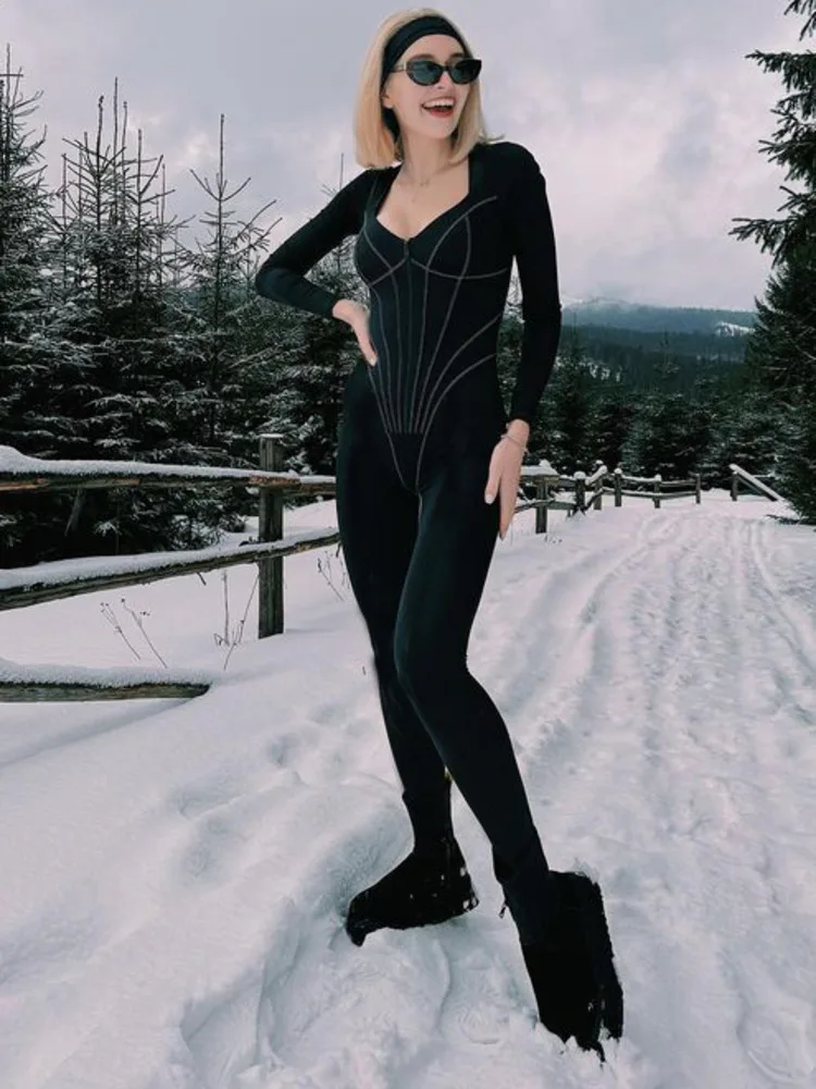 Articat Elegant Long Sleeved Fishbone Elastic Tight Jumpsuit For Women Sexy V-neck Slim Long Jumpsuit Casual Outdoor Rompers