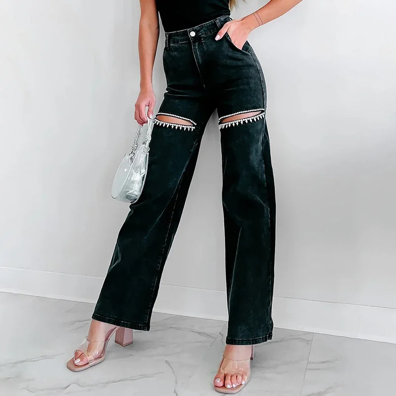 Women's Diamond Patchwork Slim Long Pants, Sexy Hollow Zipper Jeans, Casual High Waist Button Denim Trousers, Summer Fashion, 20