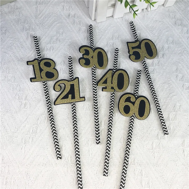 10Pcs 18 21 30 40 50 60 Year Birthday Party Disposable Paper Straws Adult Women Men 30th 40th 50th Anniversary Wedding Supplies