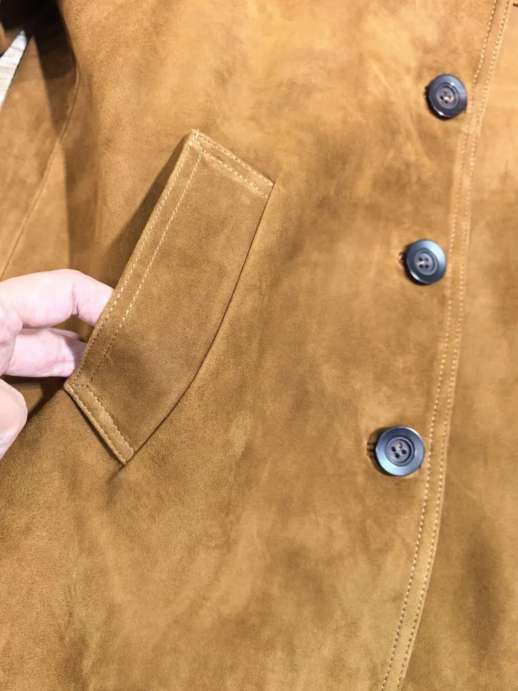 แจ็คเก็ตหนังแกะแท้สีพื้นสไตล์ลำลองสำหรับผู้หญิง ปกเสื้อแบบปกเชิ้ต ทรงหลวม มีกระเป๋า ติดกระดุมแถวเดียว แขนยาว เสื้อคลุม