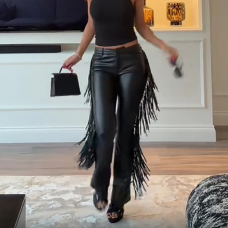 Winter Temperament Low Waist Hug Hip Pants New Chic Side Fringe Splice Outdoor Party Trousers Trendy Solid Pu Leather Slim Pants