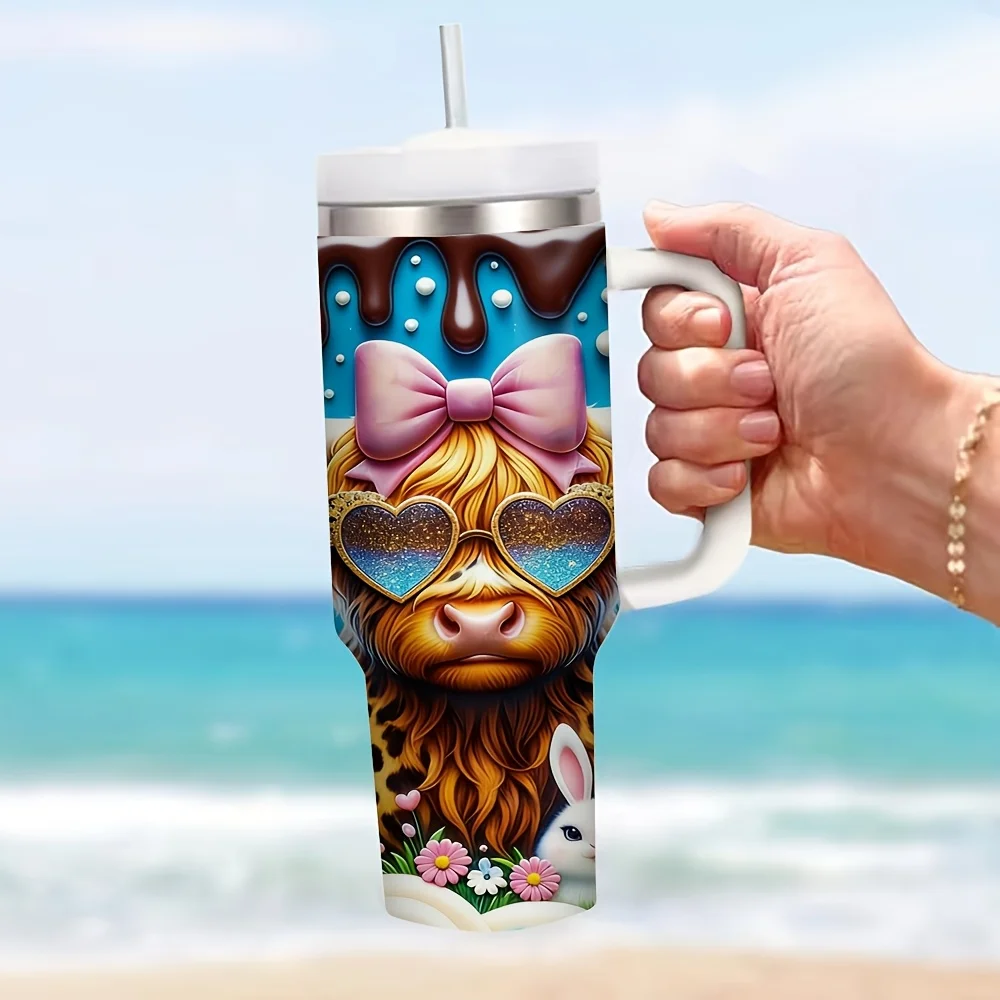 40Oz Tumbler with Handle And Straw, Easter Highland Cow Leopard Print Cup for Hot And Cold Drinks, Suitable for Daily Use in Summer And Winter for Outdoor Indoor Activities