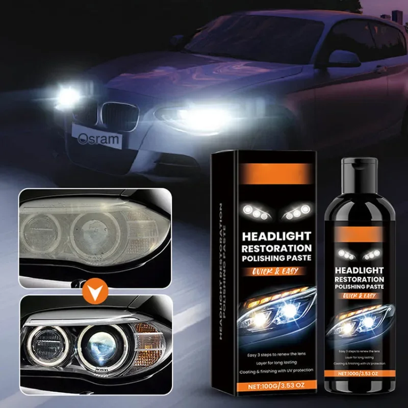 Crema per la riparazione dei fari dell'auto, pasta lucidante per rimuovere l'ingiallimento e illumina la cura della pulizia delle macchie dei fari dell'auto