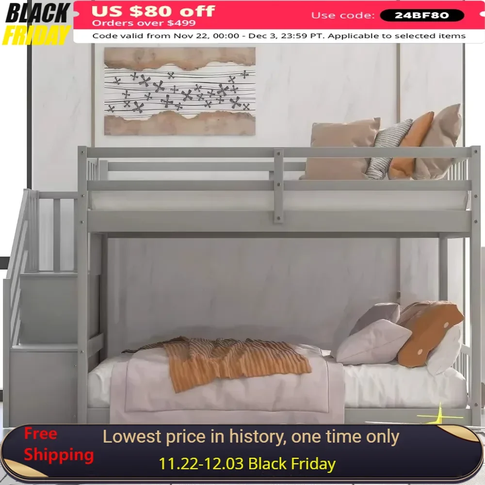 Bunk Bed with Storage Staircase, Twin Size Bunk Bed for Kids, Teens, No Box Spring Needed, Bedroom Furniture Bunk Beds